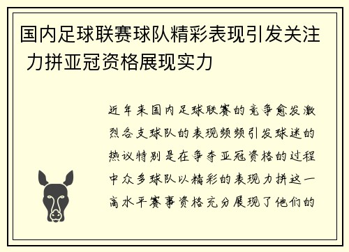 国内足球联赛球队精彩表现引发关注 力拼亚冠资格展现实力