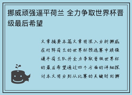 挪威顽强逼平荷兰 全力争取世界杯晋级最后希望